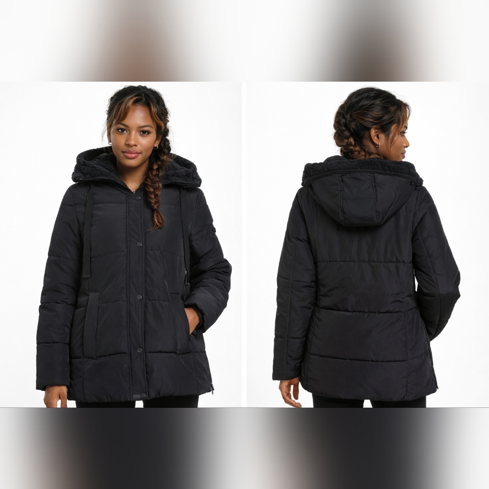 New Madden Girl Faux Sherpa Fur Lined Oversized Hooded Puffer Coat Quilted